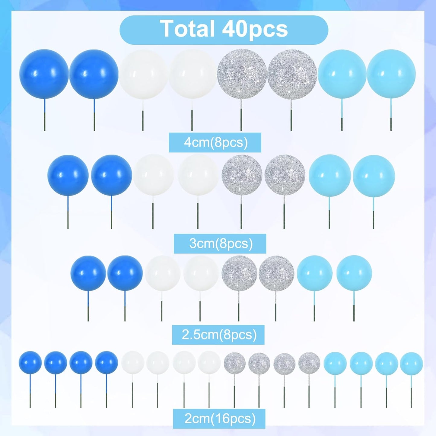 BEISHIDA 40 Pcs Foam Ball Cake Toppers with Sticks Mini Cake Decorations for Birthdays, Boys Party, Baby Showers, DIY Baking Supplies, Winter Party (Blue，White，Silver)