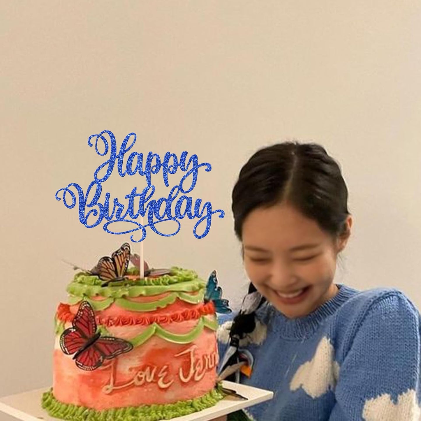 1 PCS Happy Birthday Cake Topper Glitter Happy Birthday Cake Pick Bunting Decor for Anniversary Celebrating Happy Birthday Party Cake Decorations Supplies Blue