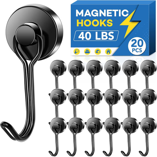 LOVIMAG Hooks, 40lbs+ Magnetic Magnet Hook 2025 Cruise Cabin Ship Essentials Heavy Duty Strong Refrigerator Fridge Hanging for Classroom Beach Vacation Kitchen Grills Home Mug Hanger (20 Pack), Black