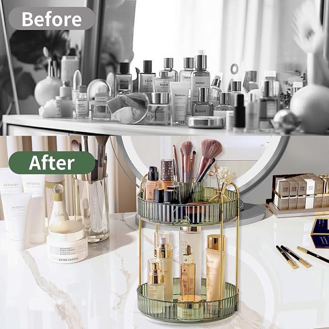 Asayuee 360 Rotating Makeup Organizer, 2 Tier Large Capacity Make Up Organizers - Image 4