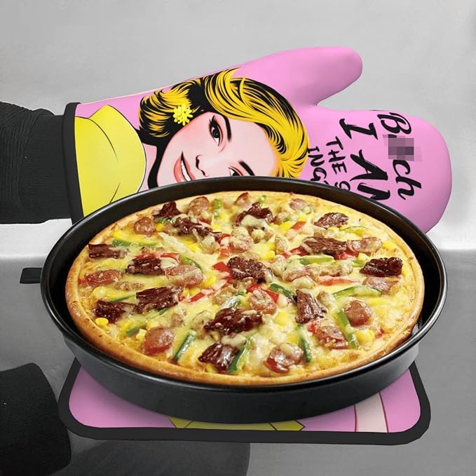 Cute Pink Oven Mitts and Pot Holders Set of 3, Heat Resistant Non-Slip Funny - Image 4
