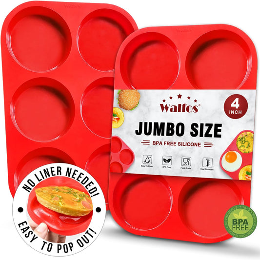 Walfos Silicone Muffin Top Pans for Baking 4inch Jumbo Size, Perfect Results Premium Non-Stick Bakeware Egg Baking Pan, Great for Eggs, Hamburger Bun, Muffin Top and More, Food Grade & BPA Free, 2pcs