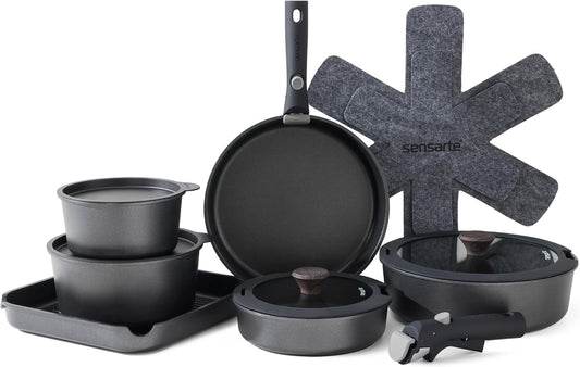 SENSARTE 17 Piece Pots and Pans Set, Nonstick Detachable Handle Cookware Set, Induction Kitchen Cookware Set with Removable Handle, Healthy Non Stick for RV, Dishwasher ＆ Oven Safe, PFOA Free (Black)