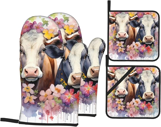 Watercolor Cows Oven Mitts and Pot Holders Sets Daisy Flower Kitchen Oven by UOYO