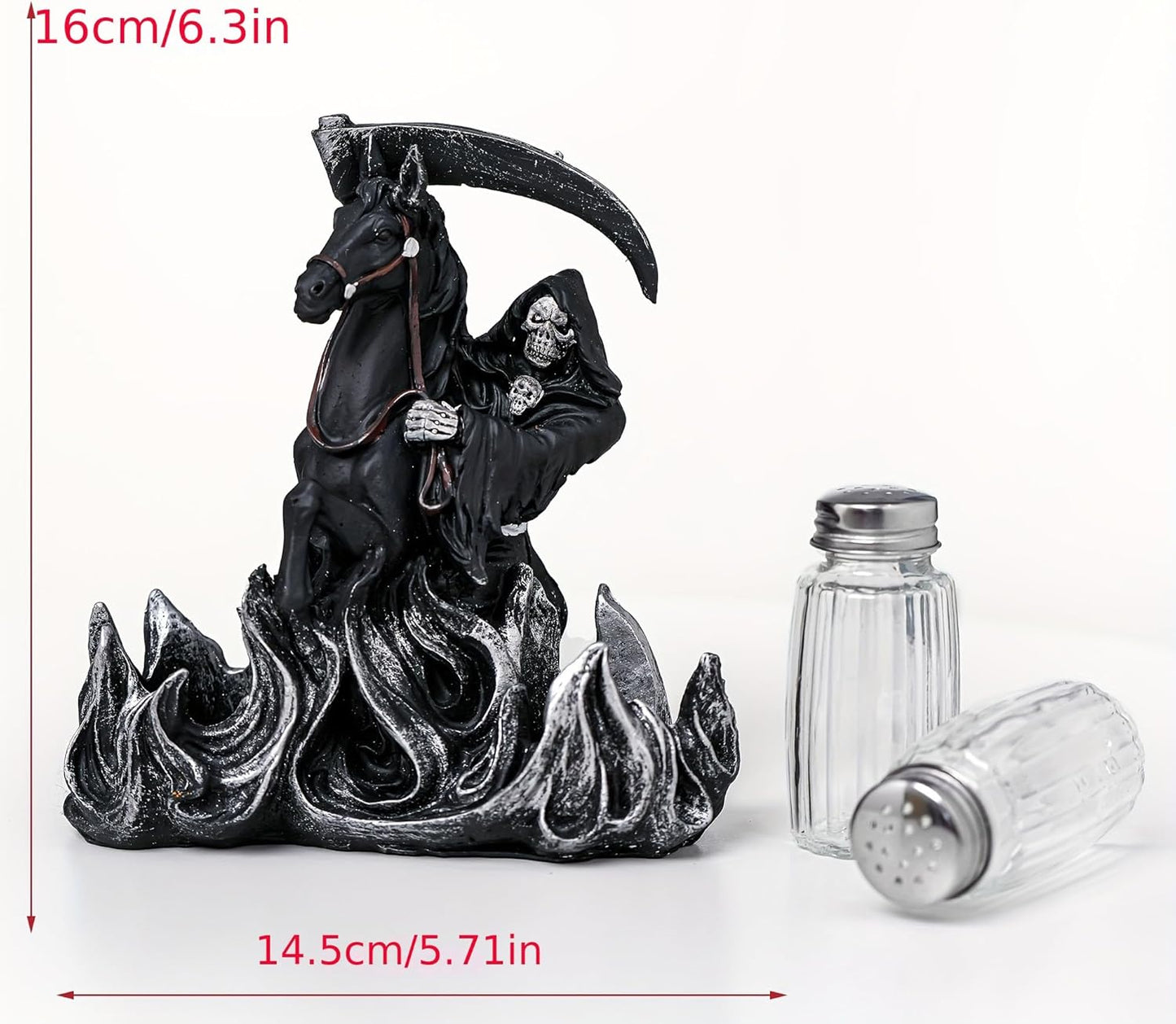 Black Holy Death Statue Shaker Holder - Salt And Pepper Dispenser with Resin Grim Reaper Figurines And Collectibles Holder - Farmhouse Kitchen DéCor with Glass Spice Jars