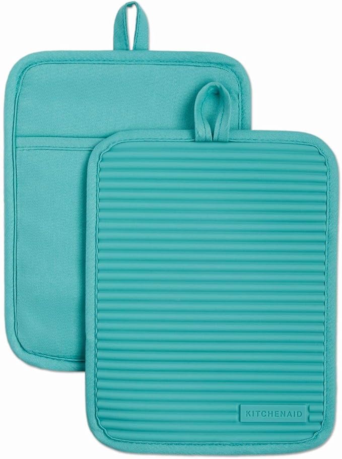 KitchenAid Ribbed Soft Silicone Pot Holder 2-Pack Set, Aqua Sky by KitchenAid