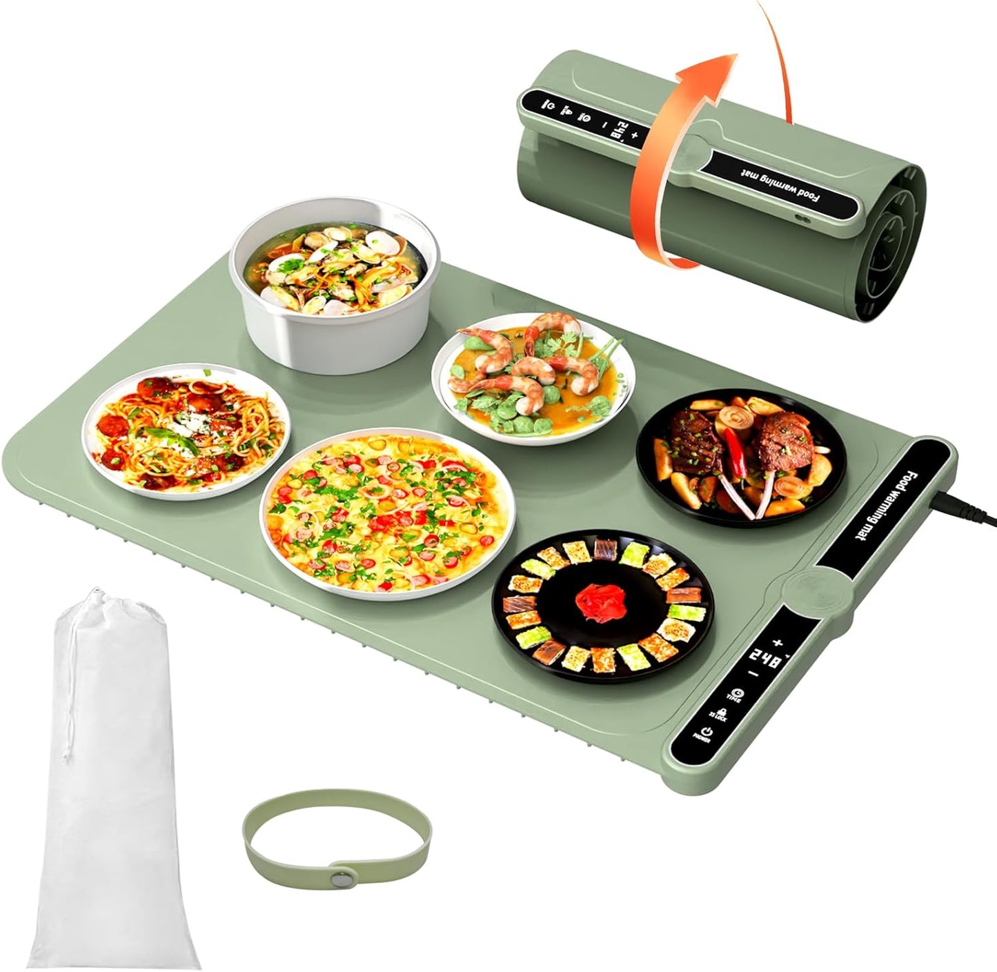 Warming Mat for Food, Rollable Electric Warming Trays for Food with 9 Temperature Settings, Heating Fastly in 10S, Food Warmer Using for Buffets Party and Home Daily, Green