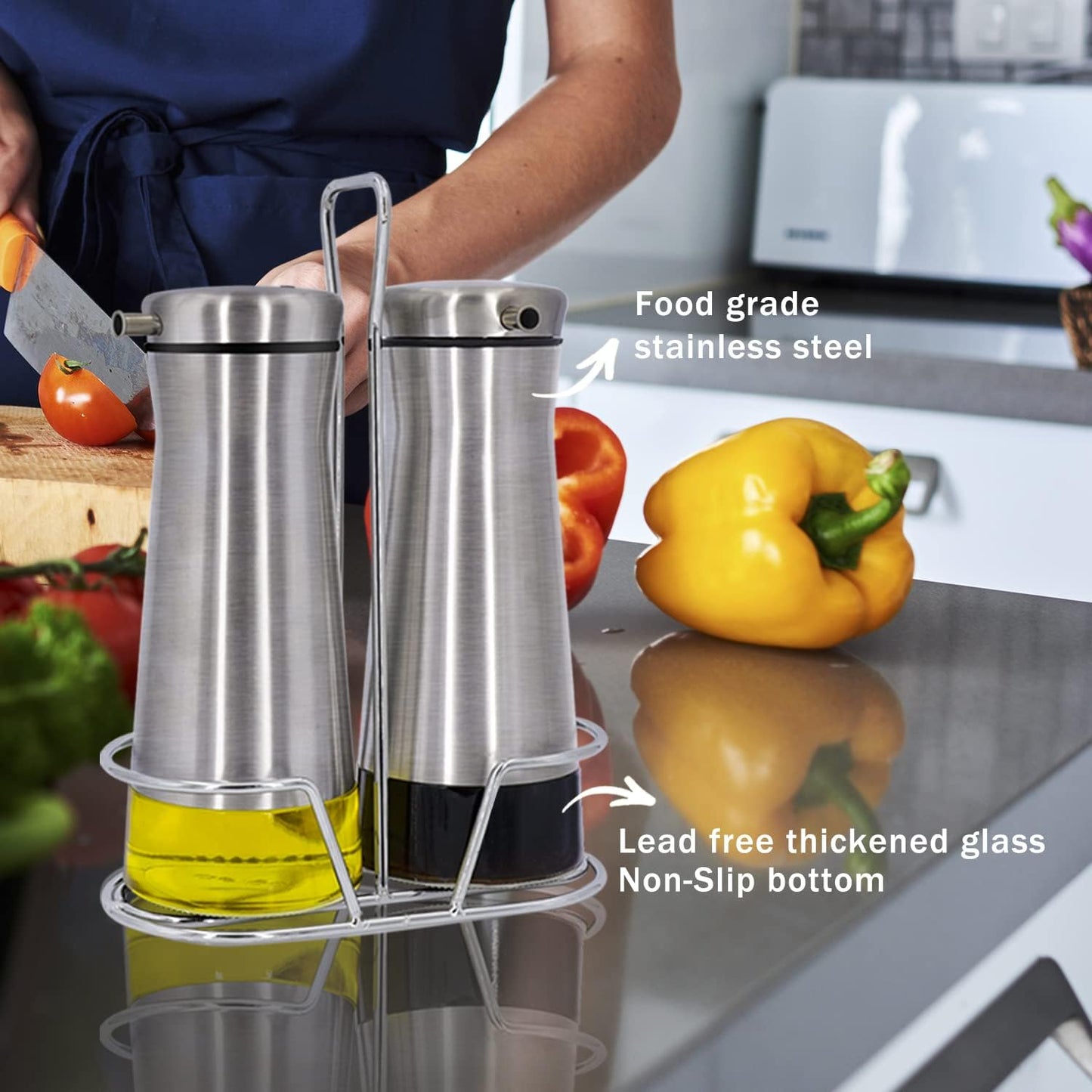 Aelga Oil And Vinegar Dispenser Set with Caddy - 2 Pack Oil Dispenser Bottle for Kitchen with No-Drip - Kitchen Decor and Accessories for Home Restaurants Weddings