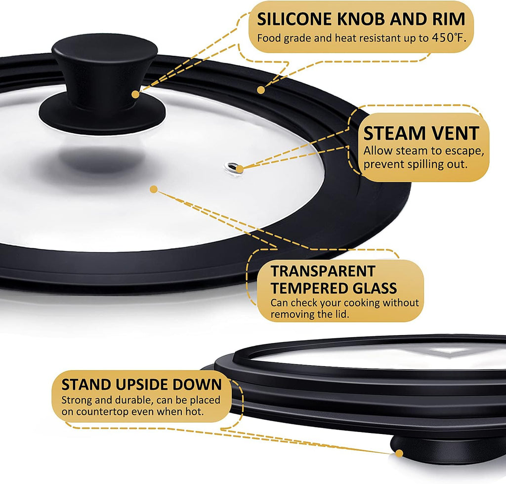 Universal Lid for Pots, Pans and Skillets, Pot Lid With Heat Resistant Silicone Rim and Tempered Glass,Fits 9.5", 10", 11" Diameter Pots and Pans