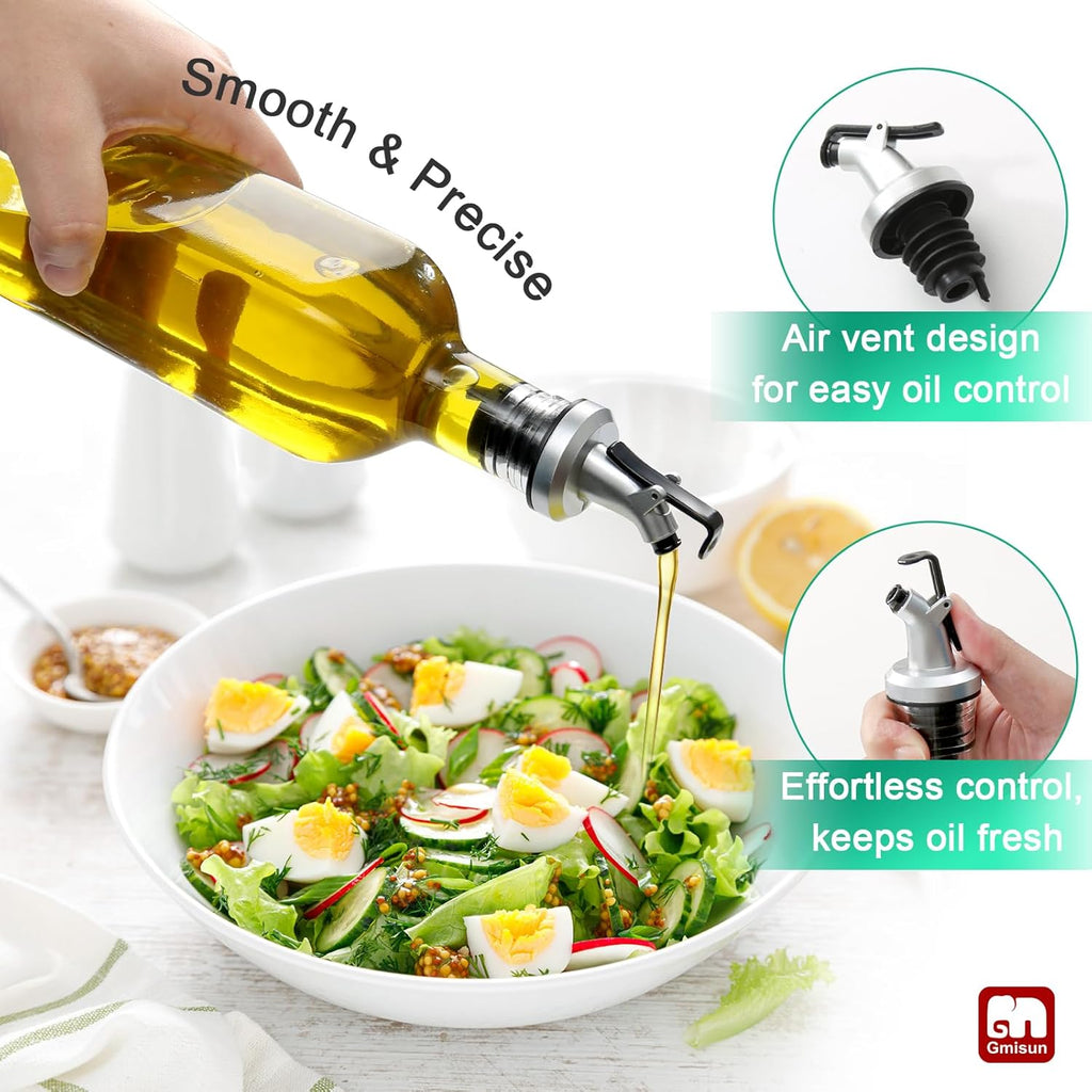 GMISUN Olive Oil Dispenser for Kitchen 4 Pack, Glass Oil Dispenser Bottle 17 fl oz, Cooking Soy Sauce Bottle Container Cruet with Plastic Pourer Spout, Funnel and Labels, Clear