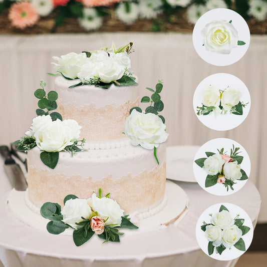 Taiyin 9 Pcs Flower Cake Topper Boho Cake Decorations Eucalyptus Flowers Floral Decorations for Women Wedding Birthday Party Anniversary(White)