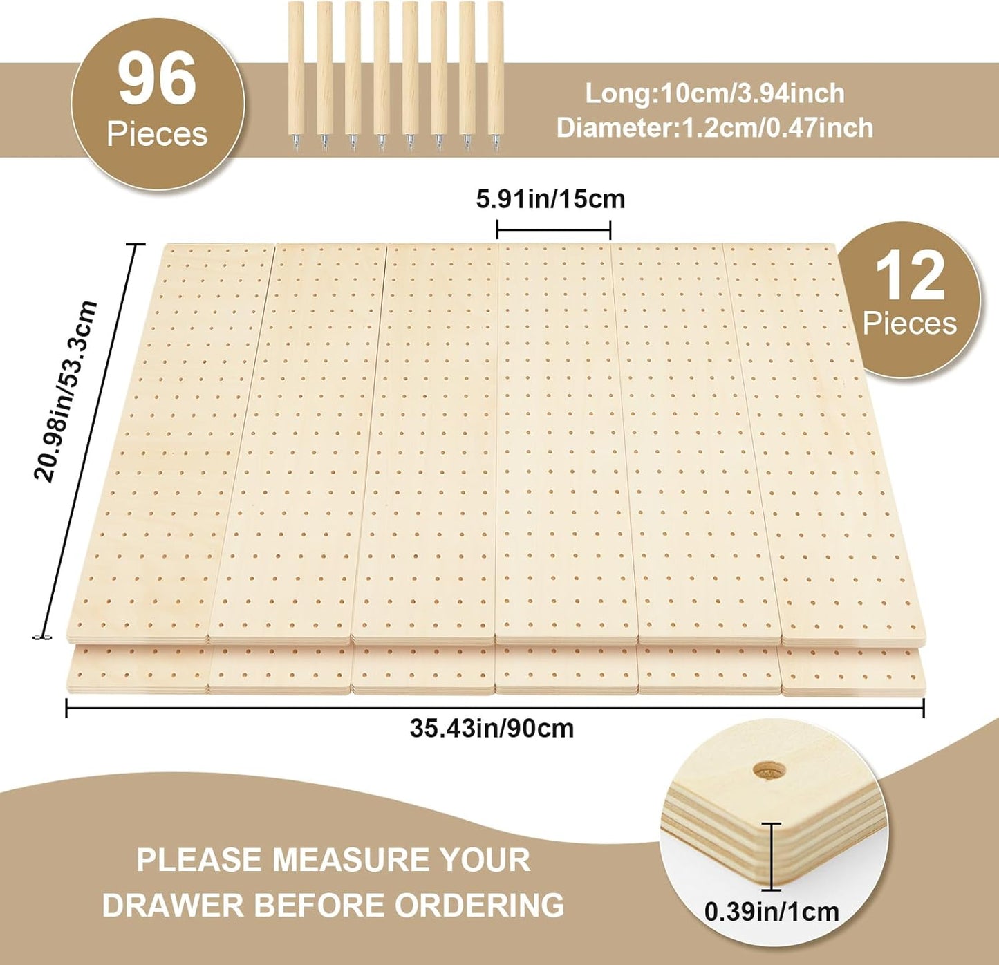 Kigley 12 Pcs Pegboard Drawer Organizer with 96 Drawer Peg Wood Peg Board Wooden Kitchen Plate Organizer for Dishes Food Containers Cookware Utensils(21 Inch,Wood Color)