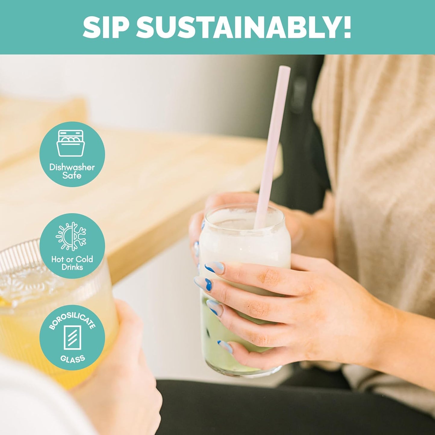 Simply Straws 8 Inch Glass Straws Bent (6-Pack) – Reusable Glass Straws for Pints & Juice Drinkware, with Cleaning Brush – Dishwasher Safe, Hot & Cold Use, BPA-Free (Meadow)