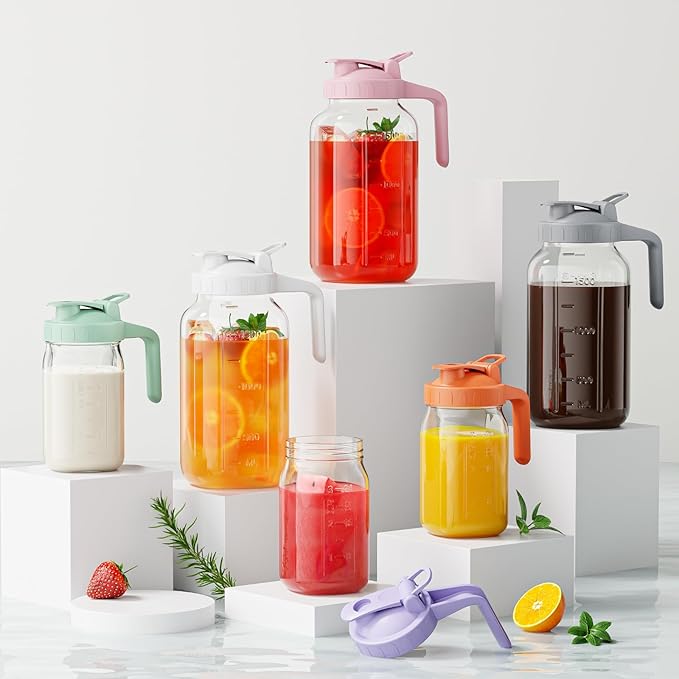 Glass Mason Jar Pitcher, 64 oz Wide Mouth Jug - Image 6
