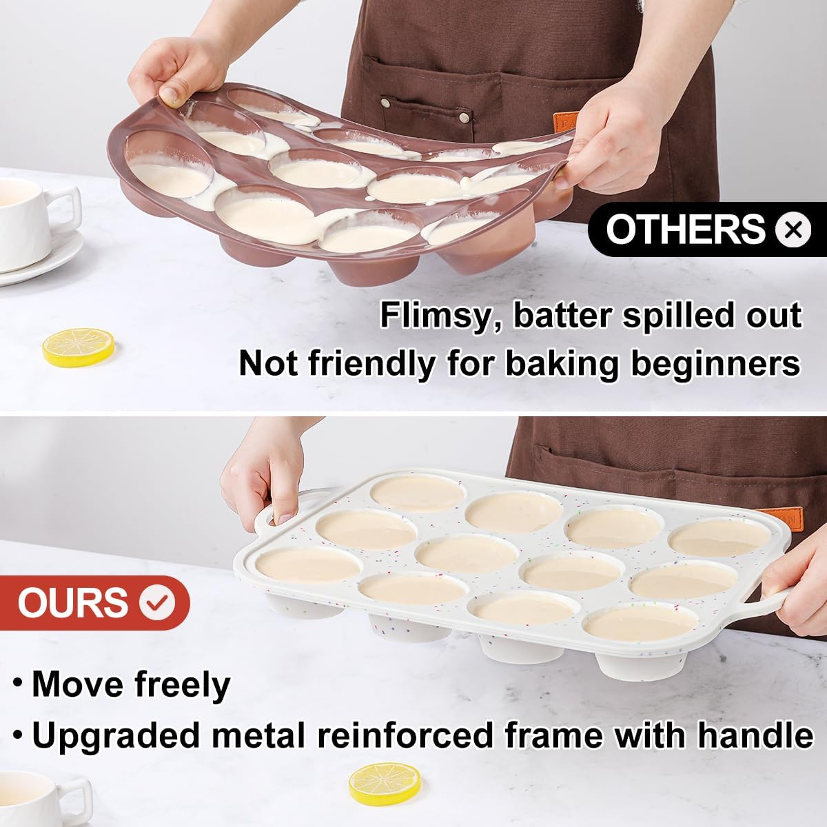 Silicone Muffin Pans for Baking, Metal Reinforced Frame Jumbo 6 Cups & Regular 12 Cups Cupcake Pan Nonstick Muffin Pan for Homemade Baking Easy to Handle