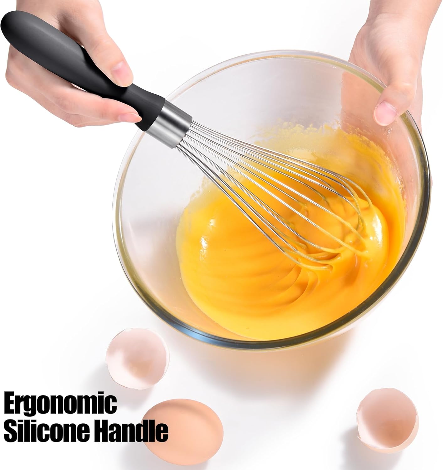 18/8 Stainless Steel Balloon Whisk, Doosu Kitchen Whisk for Cooking Handheld Egg Beater with Rust-Proof Sturdy Wires & Non-Slip Silicone Handle for Beating, Stirring, Blending (8 Wires, Black)