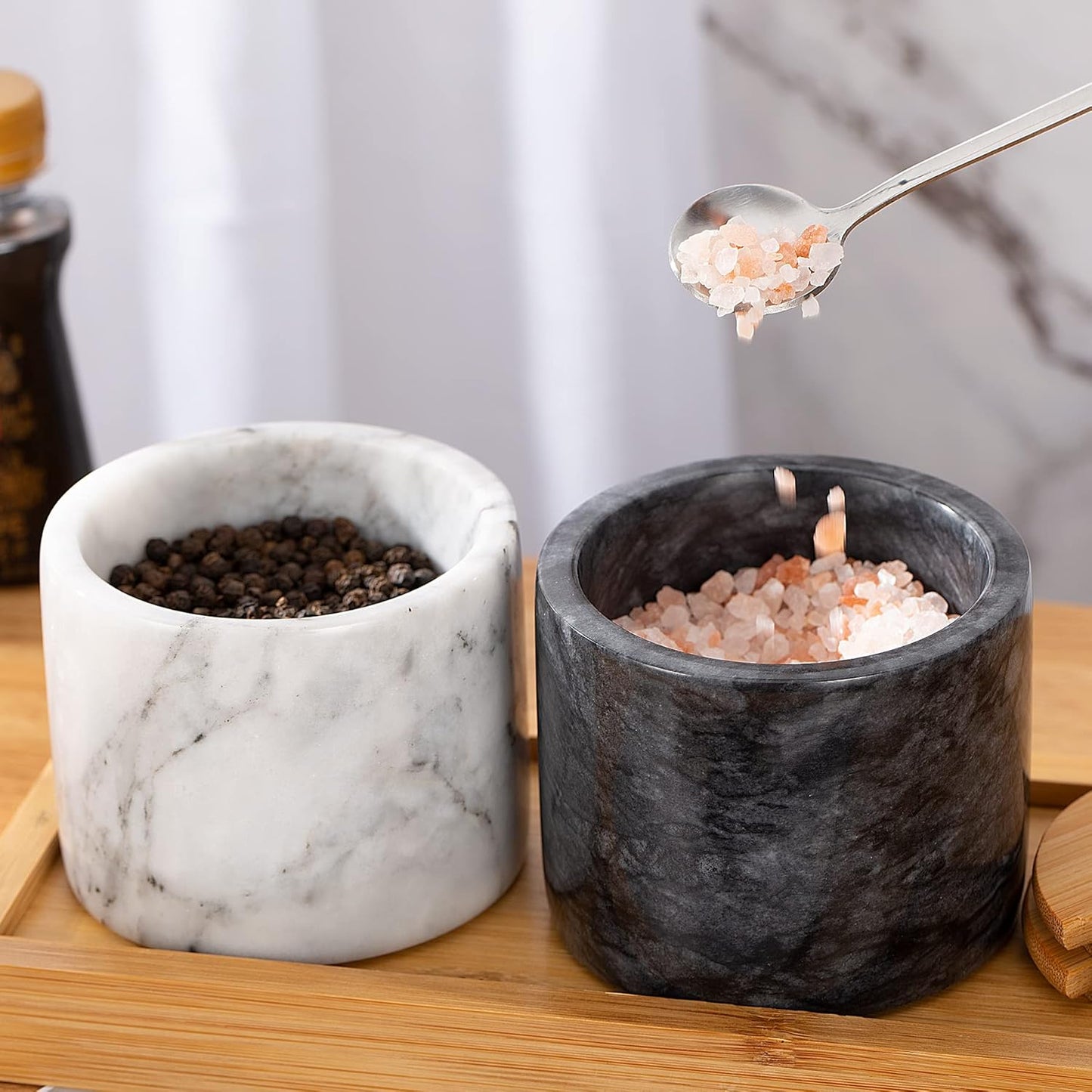 Marble Salt Cellar Set, 2 PCS 11oz Salt and Pepper bowls, Handcrafted from Natural Marble Gift for Mothers Day(White & Black Set)