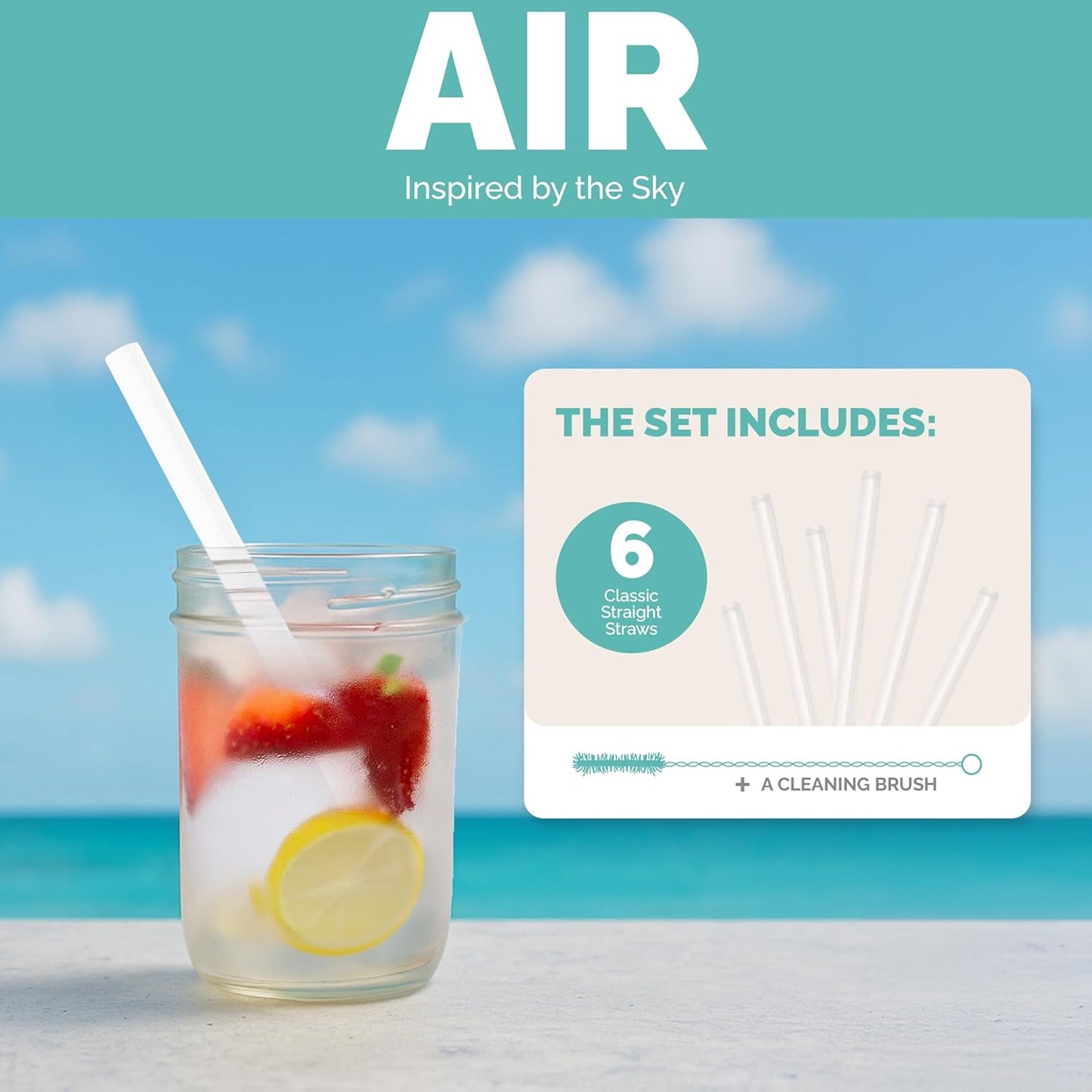 Simply Straws 6 Inch Glass Straws Straight (6-Pack) – Reusable Glass Straws for Low Balls & Stemless Glasses, with Cleaning Brush – Dishwasher Safe, Hot & Cold Use, BPA-Free (Air)