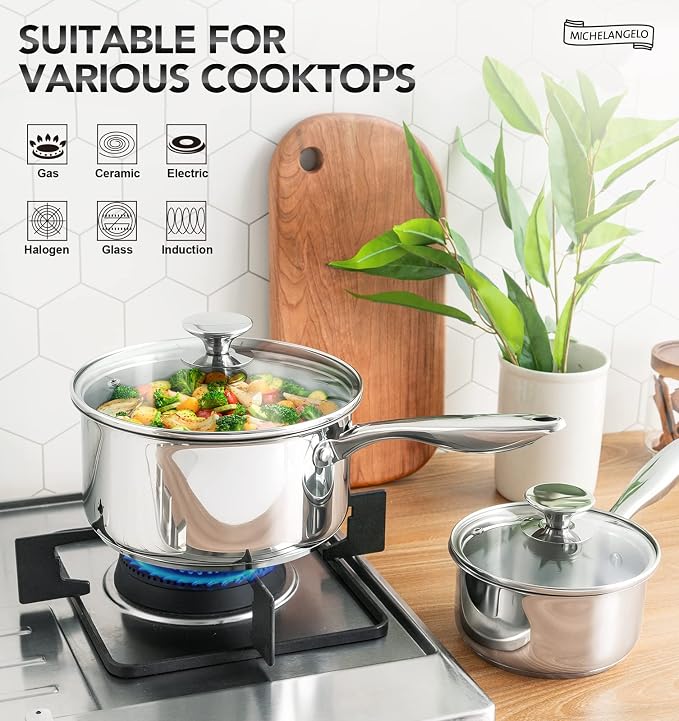 MICHELANGELO Stainless Steel Saucepan Set, 1QT & 3QT Saucepans - Image 2