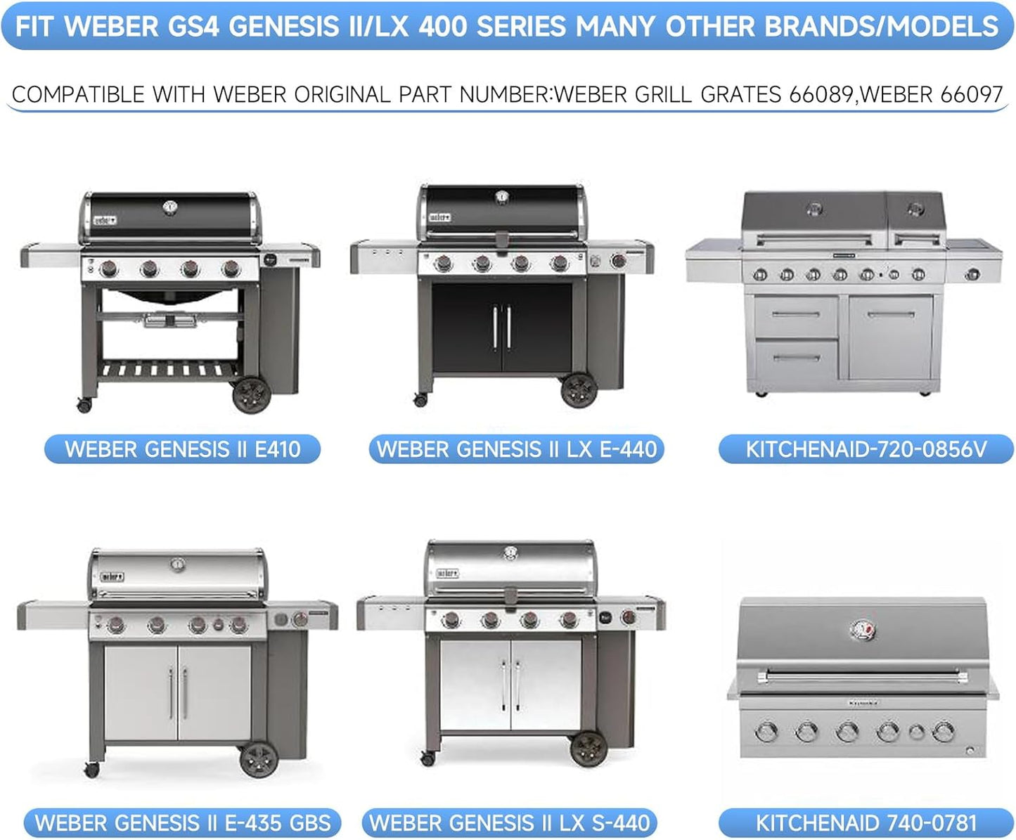 3Pack Stainless Steel Replacement Grill Parts for Weber Genesis 2 GS4 Grates 66089 66097 LX 400 SER GBS S-435, Weber Genesis II E-410, E-435, S-435, SE-410, Kitchen-aid 720-0856V 740-0781