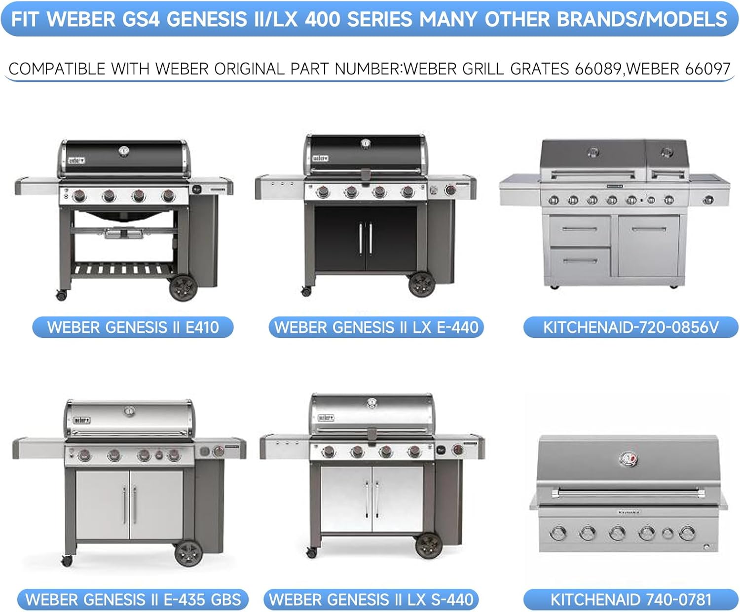3Pack Stainless Steel Replacement Grill Parts for Weber Genesis 2 GS4 Grates 66089 66097 LX 400 SER GBS S-435, Weber Genesis II E-410, E-435, S-435, SE-410, Kitchen-aid 720-0856V 740-0781