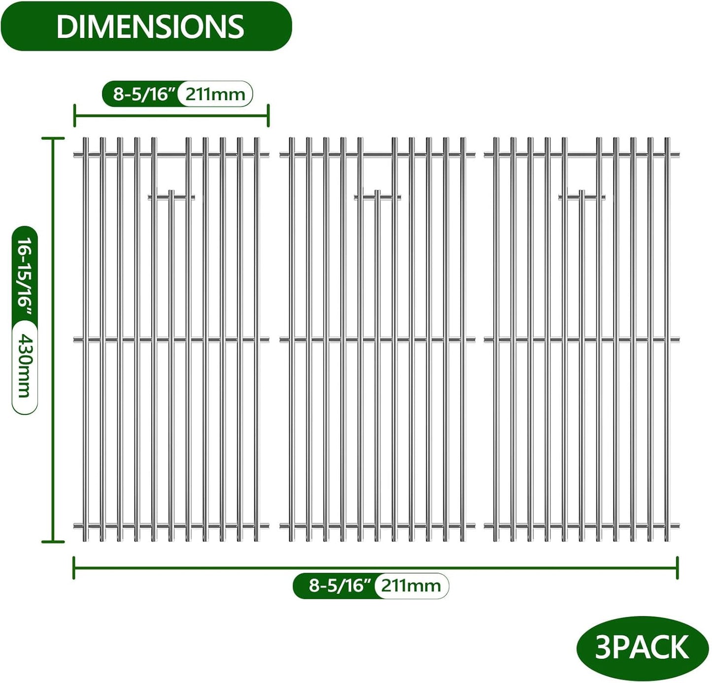Grill Grates for Charbroil Advantage 4 Burner 463343015 463344015 463344116 463240015 Gas2coal 463340516, Replacement Parts for CharBroil G460-0500-w1, G530-b700-w1, 16-15/16inch, Stainless Steel