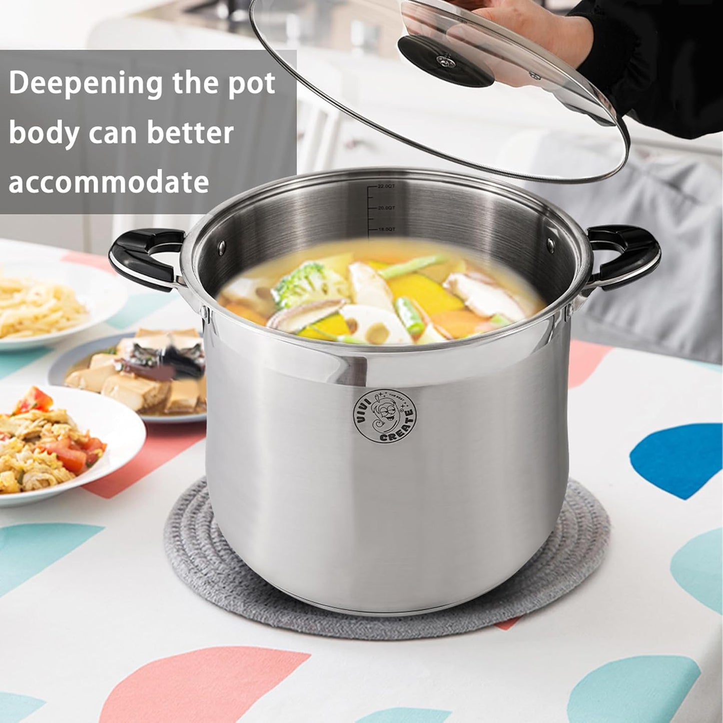 Vivicreate Stainless Steel Stock Pot with Lid Induction Compatible Soup Pot Heavy Bottom Cooking Pot with Built in Scale Olla de acero inoxidable para inducción