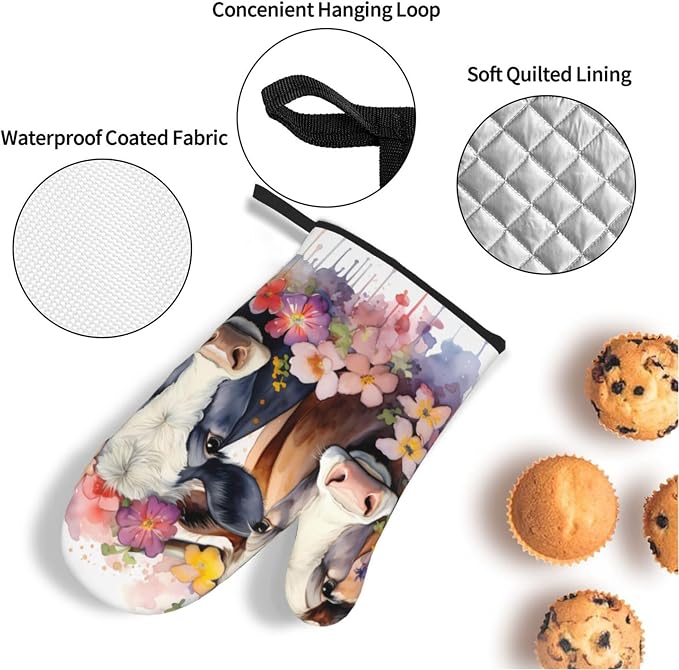Watercolor Cows Oven Mitts and Pot Holders Sets Daisy Flower Kitchen Oven - Image 4