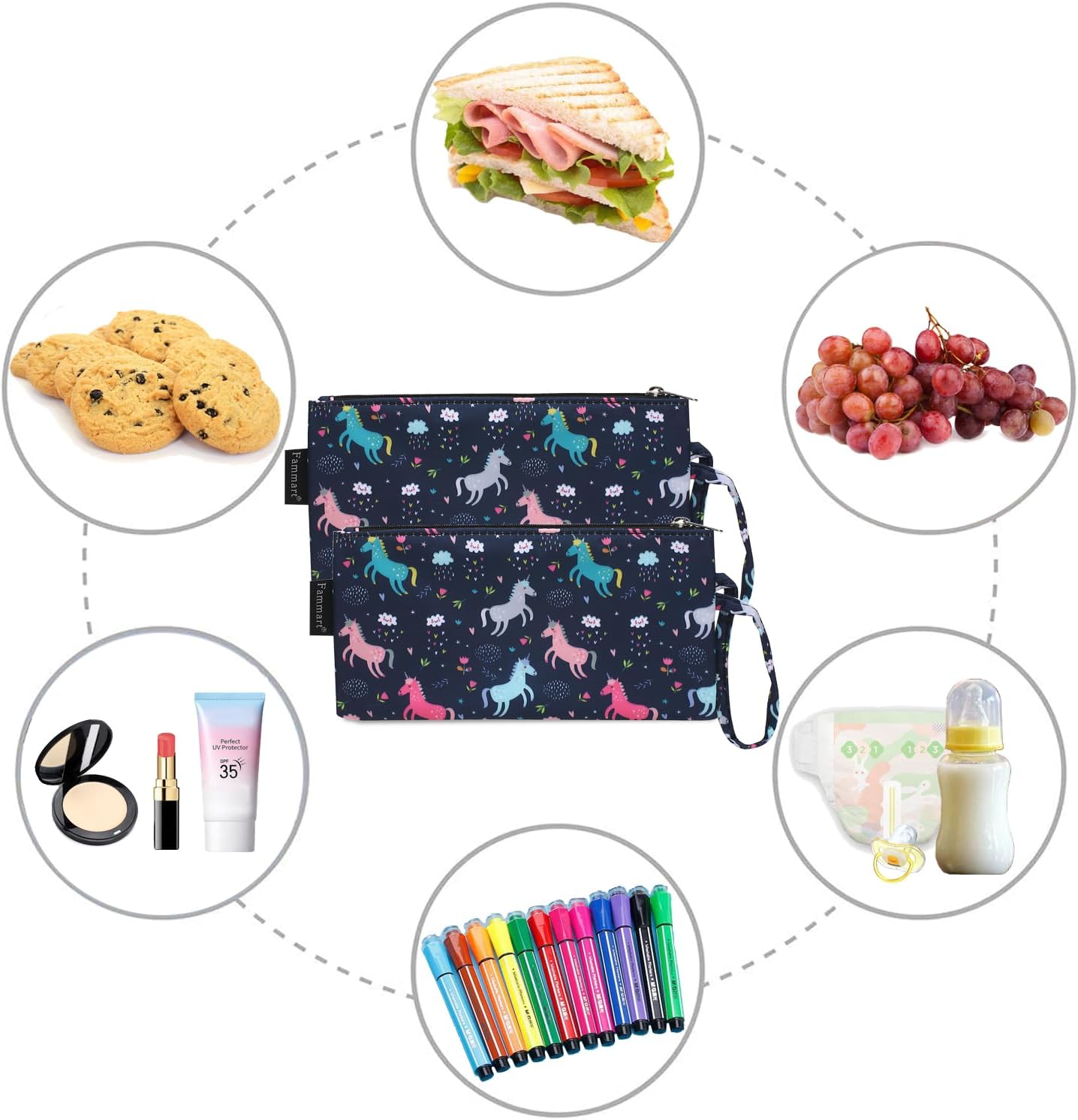 Reusable Sandwich Bag/Snack Bag for Kids & Adults, Dual Layer Lunch Bag with Handle, Washable, Food Safe, BPA Free (2-Pack, Colorful Unicorn)