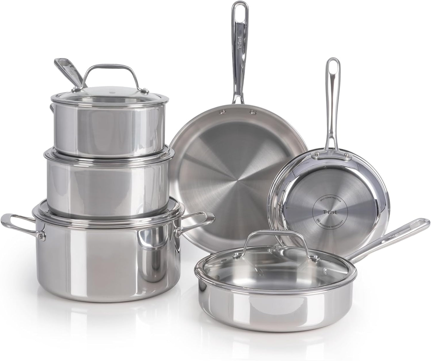 T-fal Pro Tri-Ply Stainless Steel Cookware Set 10 Piece, Induction Compatible Oven Safe 500F, Lids 350F, Fast & Even Heat, Professional Quality & Durability, Pots and Pans Set, Dishwasher Safe, Silver