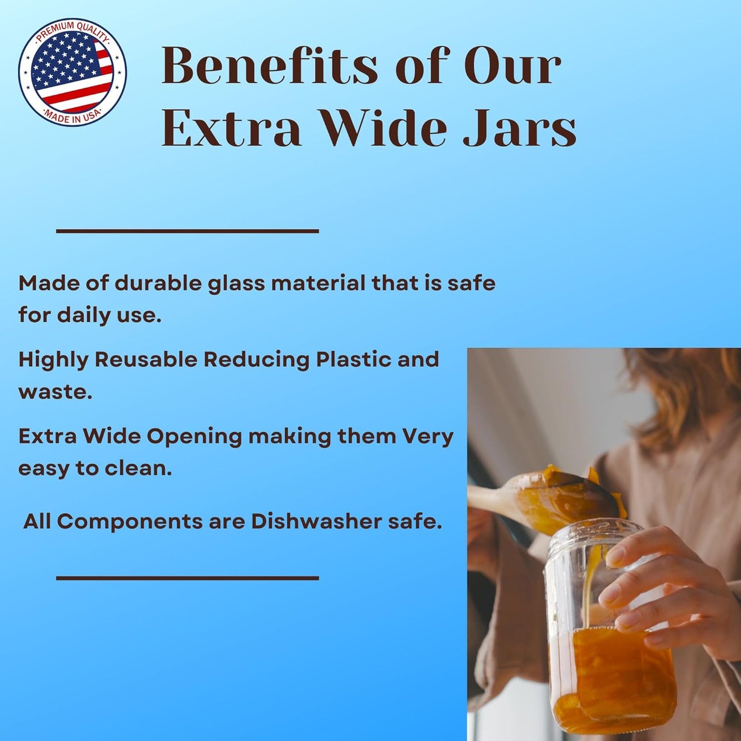 Jarming Collections Mason Jars - 32 Oz Glass Extra Wide Mouth Quart Storage Jars with Lids - BPA Free Plastic Lids - Made in USA (Set of 2)