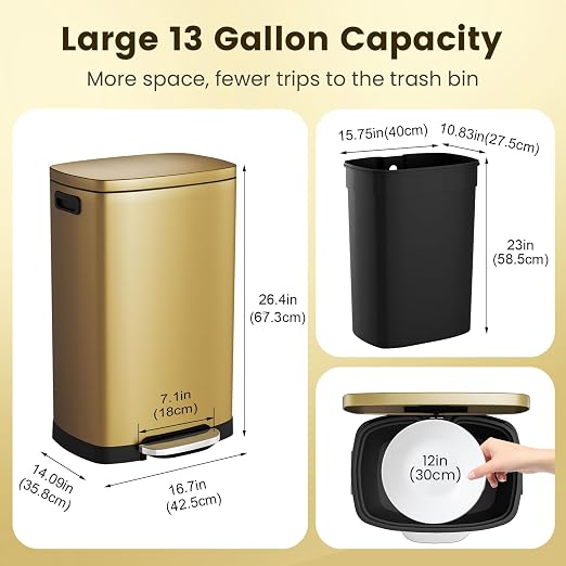 ELPHECO Kitchen Trash Can with Lid Soft Close, 13 Gallon / 50L Stainless Steel - Image 3