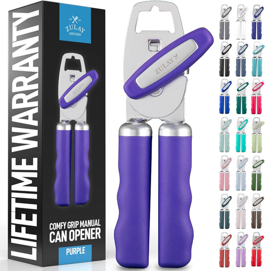 Zulay Kitchen Heavy Duty Stainless Steel Can Opener Manual with Bottle Opener - Rust Proof Manual Can Opener With Turn Knob & Comfy Soft Grip Handles - Purple