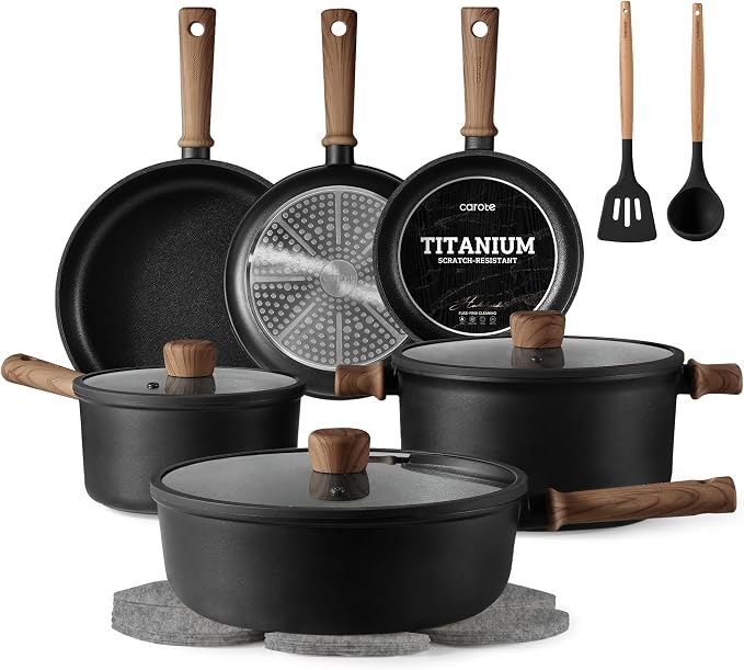 CAROTE Nonstick Pots and Pans, Induction Titanium Cookware Set 16pcs Kitchen by CAROTE