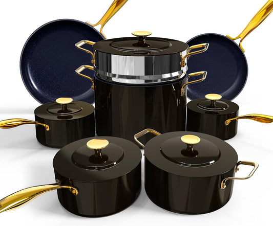 Nuwave Lux LE 13-Pc Cookware Set with Elegant Gold Handle, Diamond Infused Ceramic Non-Stick, PFAS Free, Premium Metal Lids, Ergonomic Stay-Cool Handles, Induction Ready & Compatible w/All Cooktops