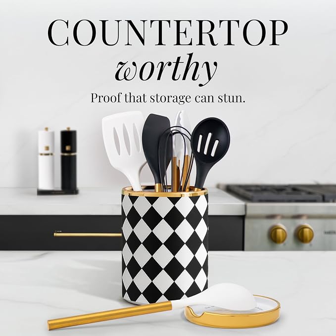 STYLED SETTINGS Black & White Checkered Utensil Holder Set – Large Ceramic - Image 4