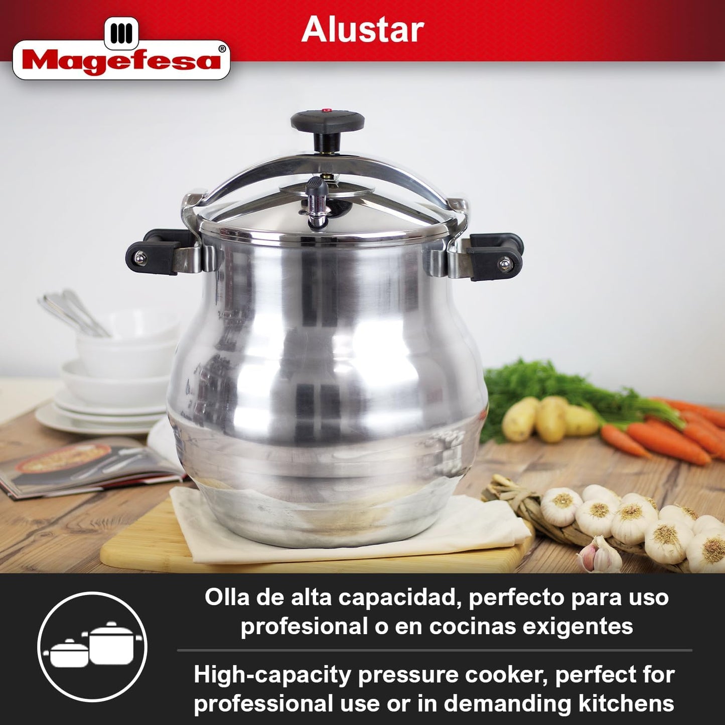 Magefesa Alustar 23.2-Quart Aluminum Pressure Cooker – Extra-Thick Construction, Thermodiffusion Base, 3 Safety Systems, Professional-Grade