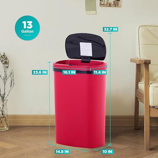 PayLessHere | 13 Gallon Plastic Trash Can | Red | Automatic Touchless Lid - Image 7