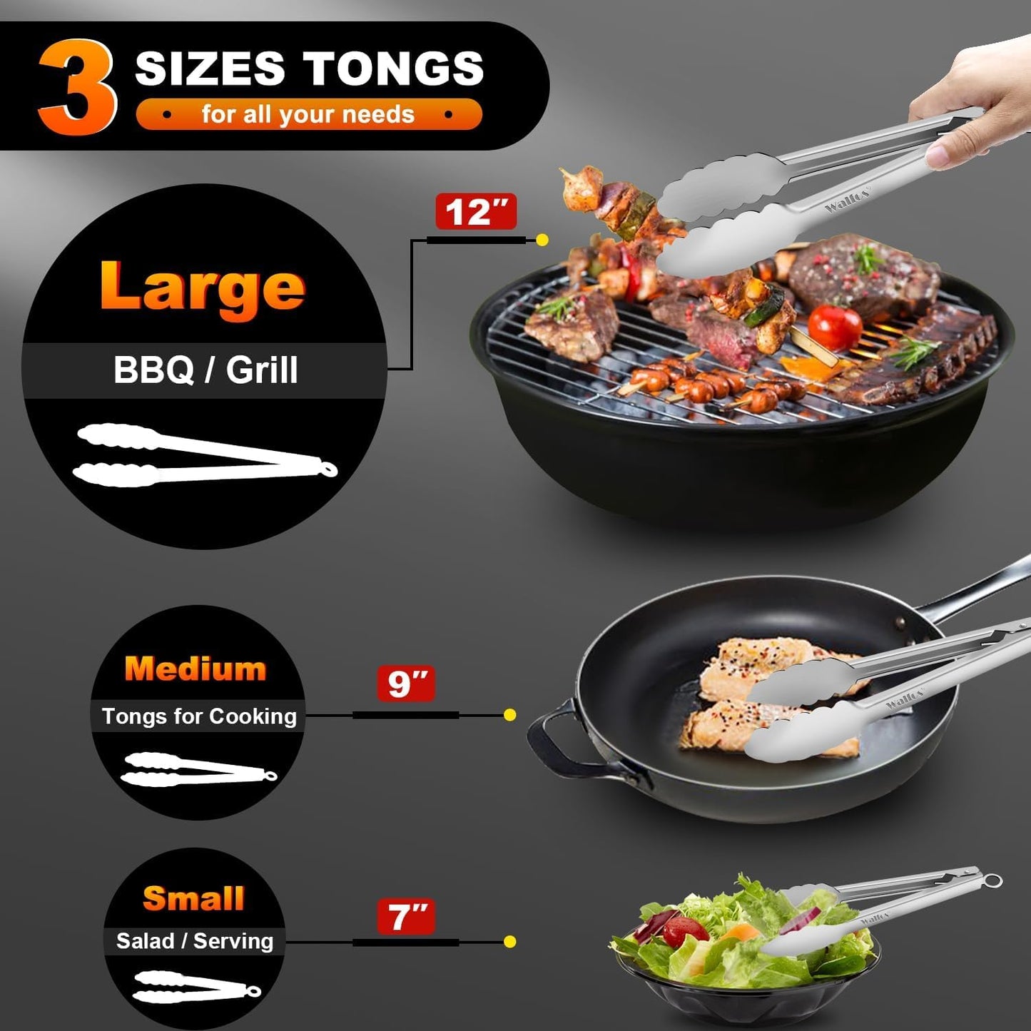 Walfos tongs for cooking, All Metal Kitchen Tongs 600℉ Heat Resistant, Heavy Duty Locking Tongs 2-piece 12 Inch