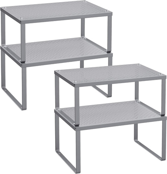 SONGMICS Spice Racks, Set of 4 Metal Cabinet Shelf Organizers, Countertop Organizers, Shelf Risers, Stackable, Expandable, Silver UKCS006S01