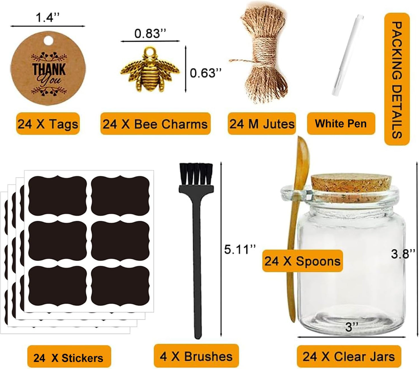 Ahhute Glass Sugar Scrubs Jars, Bath Salt Container, Canning Spice Jar with Bamboo Spoon, Honey Scrubs Body Butter Jars w/Cork, Labels and Cleaning Brush, 8oz 24 Pack