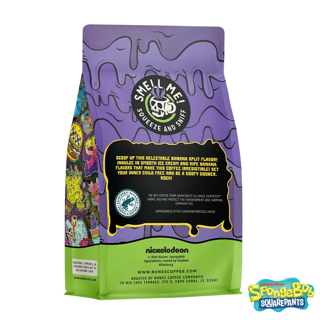 Bones Coffee Company Spongebob Goofy Goober Sundae, Banana Split Flavored Coffee, Medium Roast Low Acid Arabica Beans Compatible with Auto drip and French Press Coffee Maker, 12 Oz Whole Bean