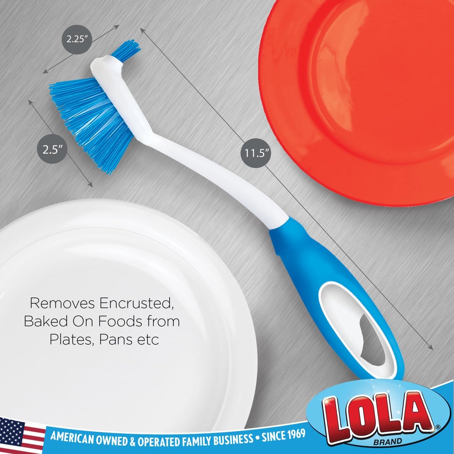 LOLA Pro Dish Brush Kitchen Scrubber | Poly Fiber Bristle | Built-in Food Scraper | Comfort Rubber Non-Slip Handle | Safe for Non-Stick & Coated Cookware | Dishwasher Safe for Cleaning 2 CT