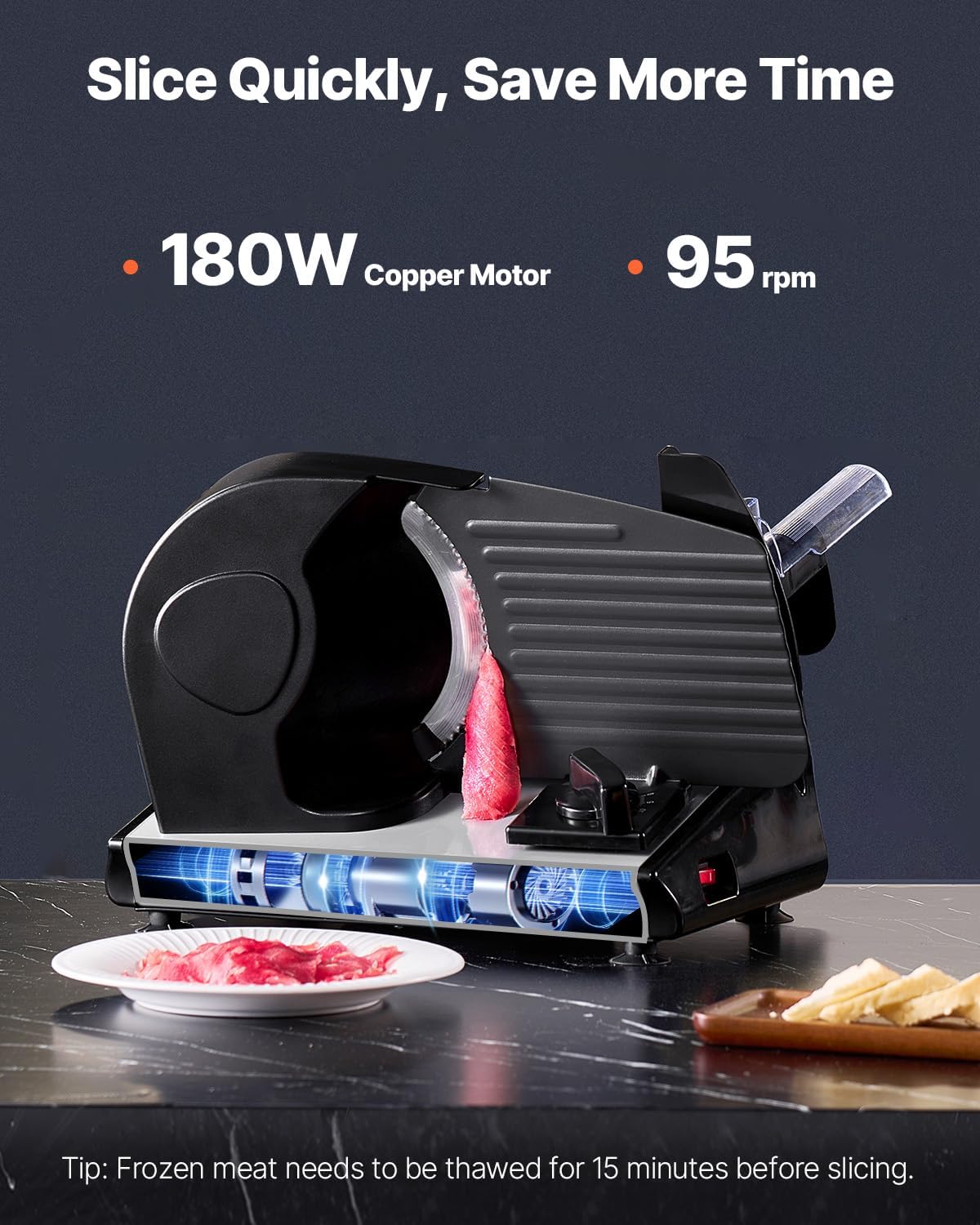 VEVOR Meat Slicer, 7.5 inch Electric Deli Food Slicer with two Premium SUS420 Blades, 0-0.6 inch Adjustable Thickness, 180W Food Slicer Machine for Meat, Hard Bread and Cheese, Home Use