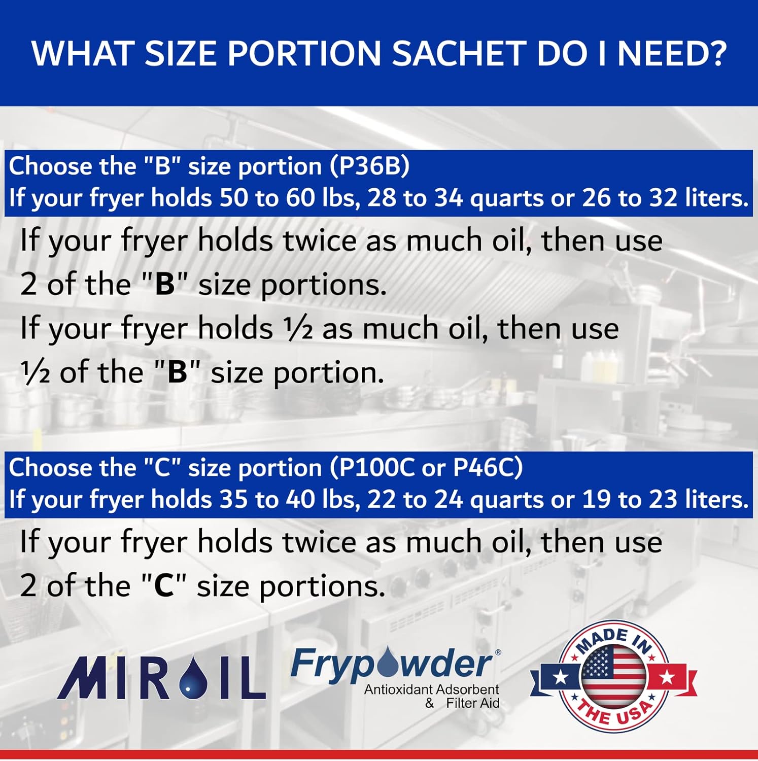 MirOil P100 Fry Powder Oil Stabilizer and Filter Aid, 90 x Size C Portion Pack(160ML Each) Fry Powder, Food Centers Cook Hotter, Deep Fryer Cooking Oil Saver Helps Save Grease & Remove Carbon Deposits