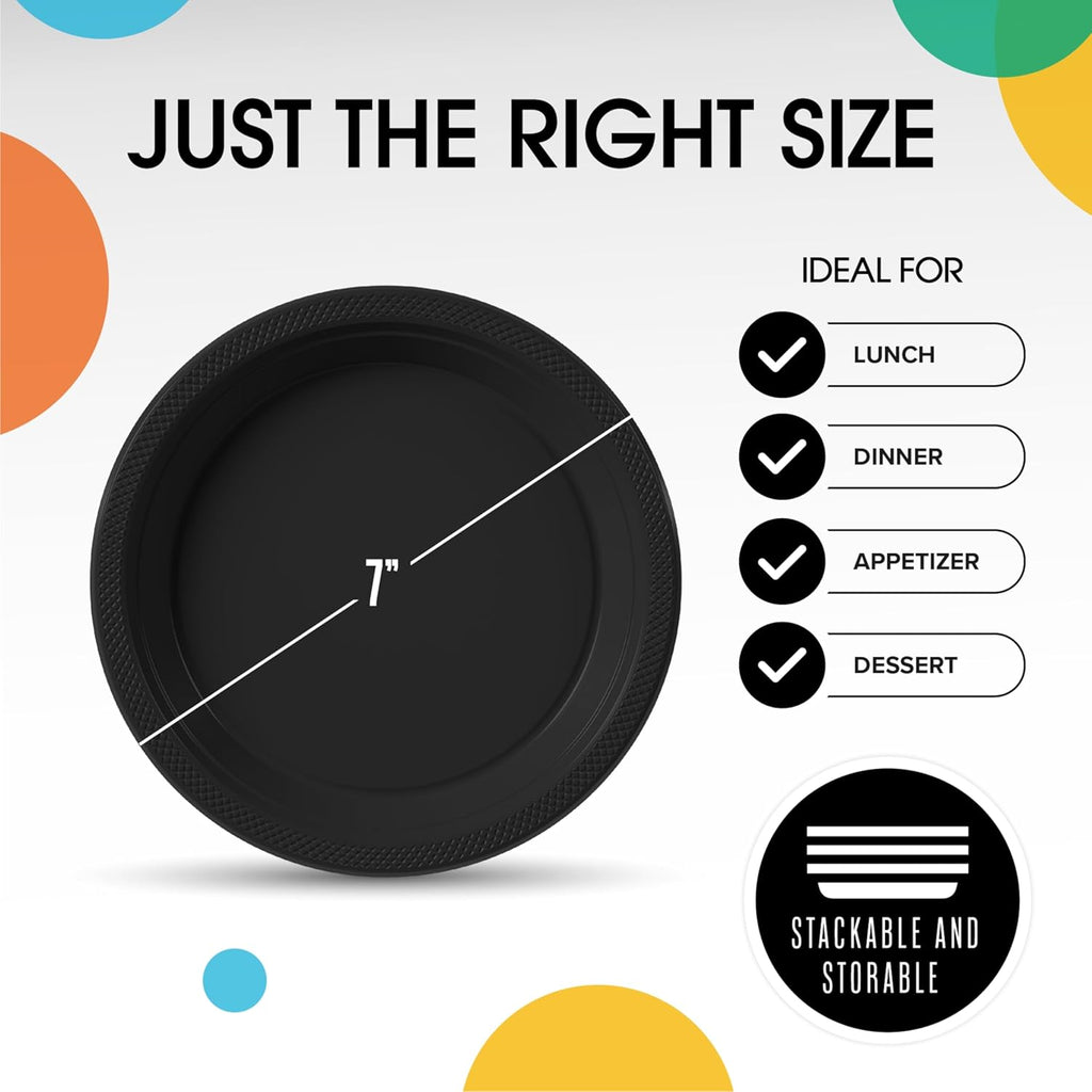 Exquisite Party Solids Black Plastic Plates For Party 7" Black Disposable Plates Heavy Duty Supplies 100 Pcs Plastic Dinnerware Sets Heavy Duty 350 GSM Disposable Dinnerware Set
