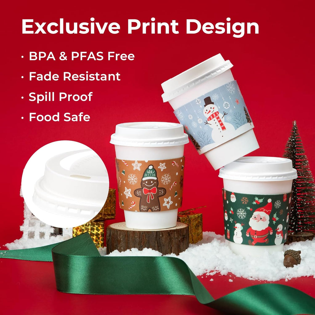 Fit Meal Prep 50 Pack 12 oz Christmas Disposable Coffee Cups with Lids, Sleeves, Leak-Proof To Go Coffee Cups with Lids, Durable Holiday Hot Paper Cups for Home, Office, Party, Business