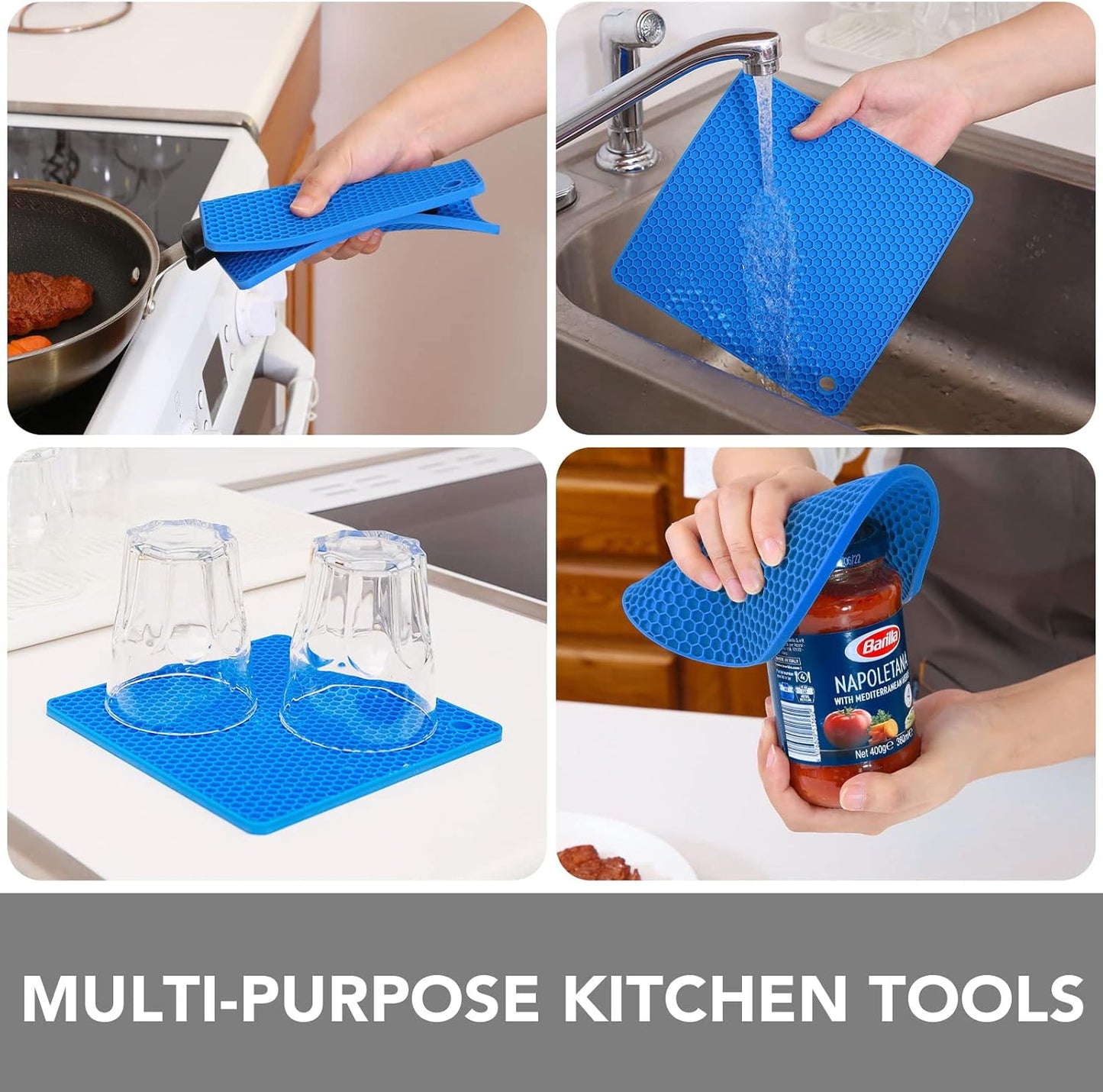 Joyhalo Trivets for Hot Dishes - Hot Pads for Kitchen, Silicone Pot Holders for Hot Pots and Pans, Silicone Mats for Kitchen Countertops, Table, Flexible Easy to Wash and Dry, True Blue