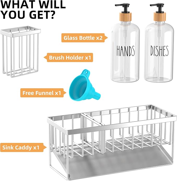 Cisily Kitchen Dish Soap Dispenser Set Stainless Steel Sponge Holder and 2 Pack - Image 2
