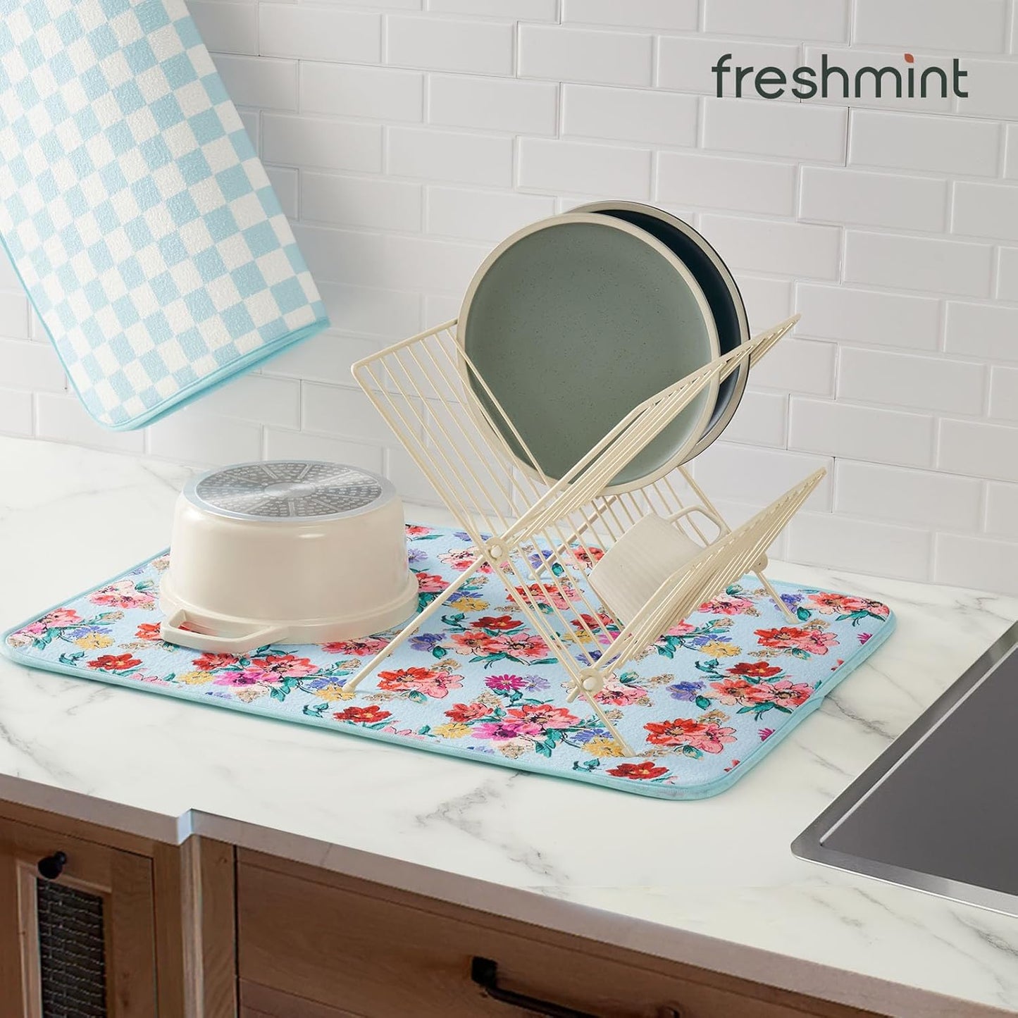 FRESHMINT Printed Dish Drying Mats for Kitchen Counter 2 Pack Absorbent Reversible Drying Mats Microfiber Kitchen Countertop Protector Dishes Drying Pad Extra Large 18"x16" Dish Mat